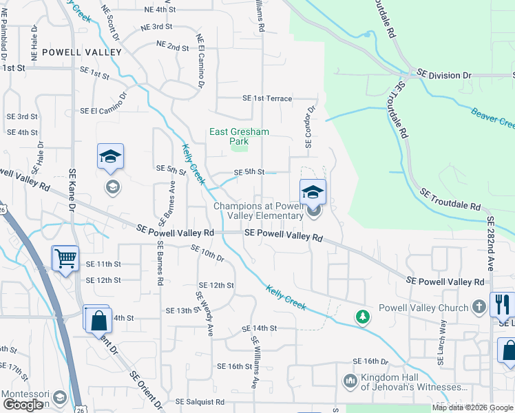 map of restaurants, bars, coffee shops, grocery stores, and more near 630 Southeast Lovrien Place in Gresham