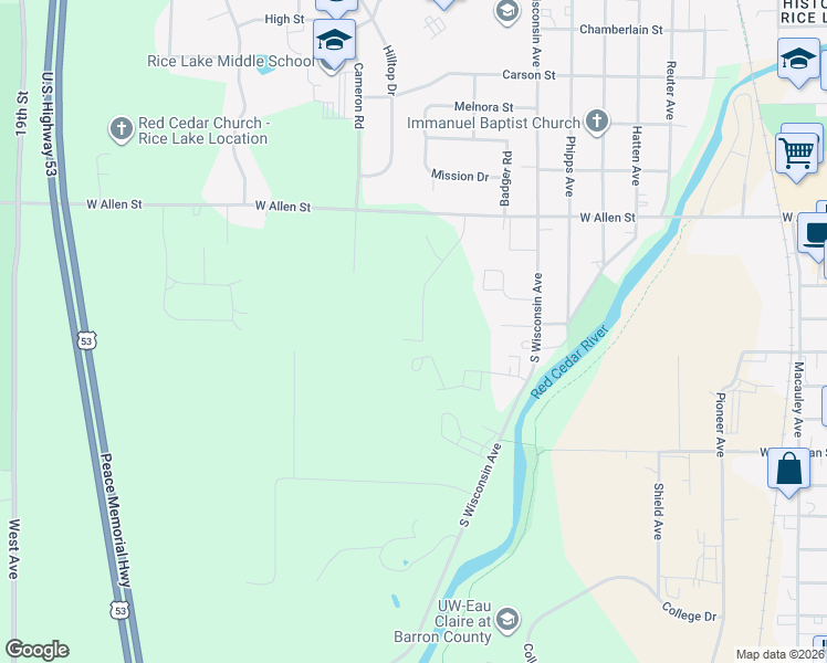 map of restaurants, bars, coffee shops, grocery stores, and more near 750 Diamond Lane in Rice Lake