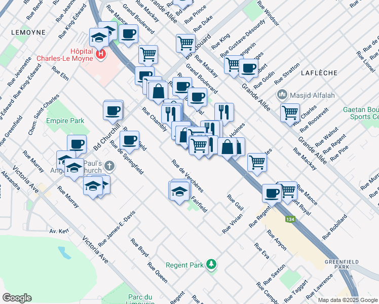 map of restaurants, bars, coffee shops, grocery stores, and more near 3514 Boulevard Taschereau in Longueuil