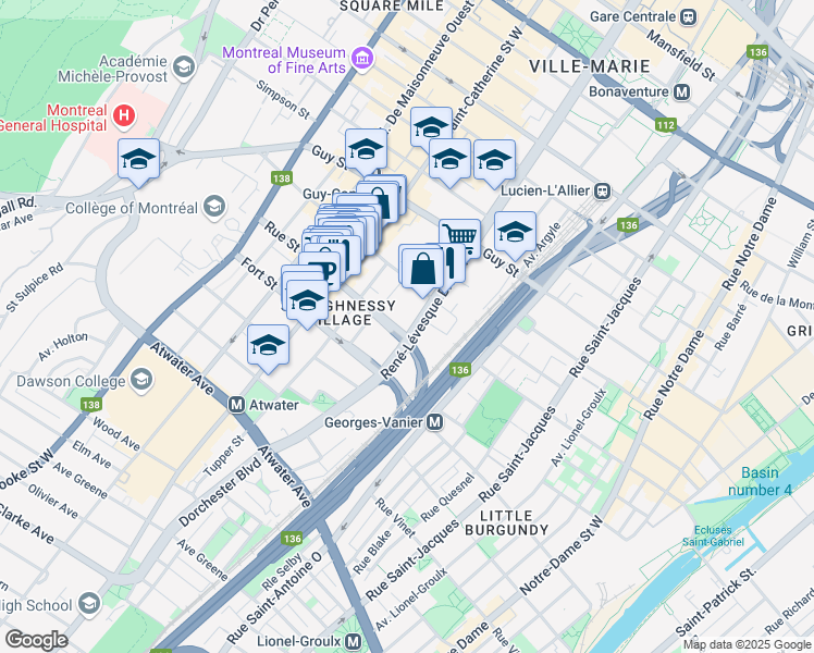 map of restaurants, bars, coffee shops, grocery stores, and more near 1869 Boulevard René-Lévesque Ouest in Montréal