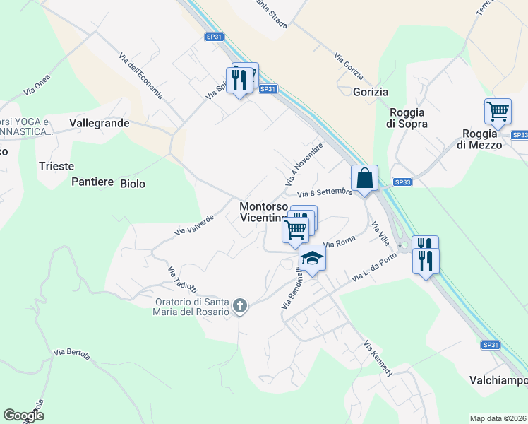 map of restaurants, bars, coffee shops, grocery stores, and more near 31 Via G. Zanella in Montorso Vicentino