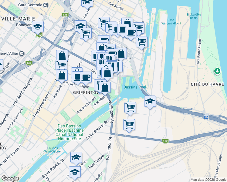 map of restaurants, bars, coffee shops, grocery stores, and more near 100 Rue Murray in Montréal