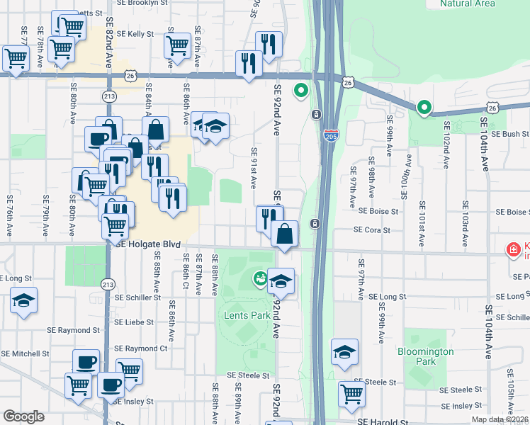 map of restaurants, bars, coffee shops, grocery stores, and more near 4214 Southeast 91st Avenue in Portland