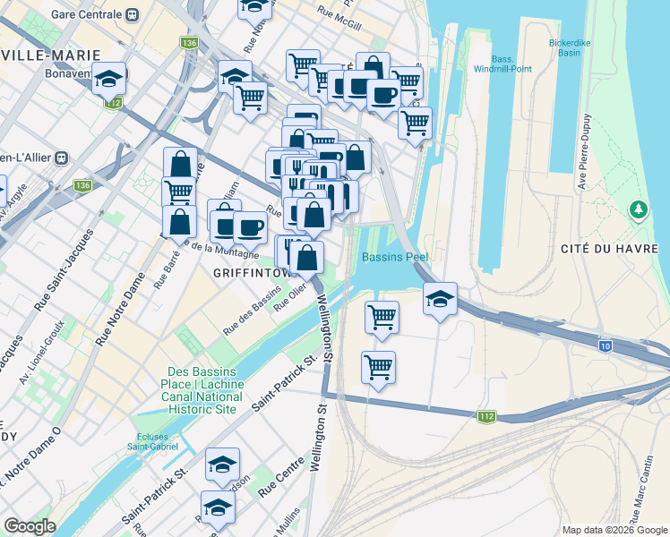 map of restaurants, bars, coffee shops, grocery stores, and more near 100 Rue Murray in Montréal