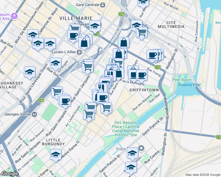 map of restaurants, bars, coffee shops, grocery stores, and more near 1408 Rue Notre-Dame Ouest in Montréal
