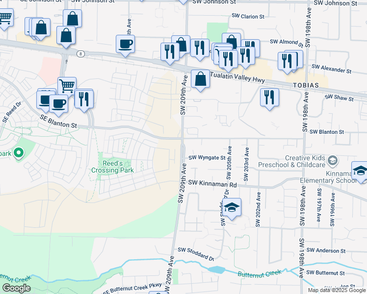 map of restaurants, bars, coffee shops, grocery stores, and more near 3887 Southwest 209th Avenue in Aloha