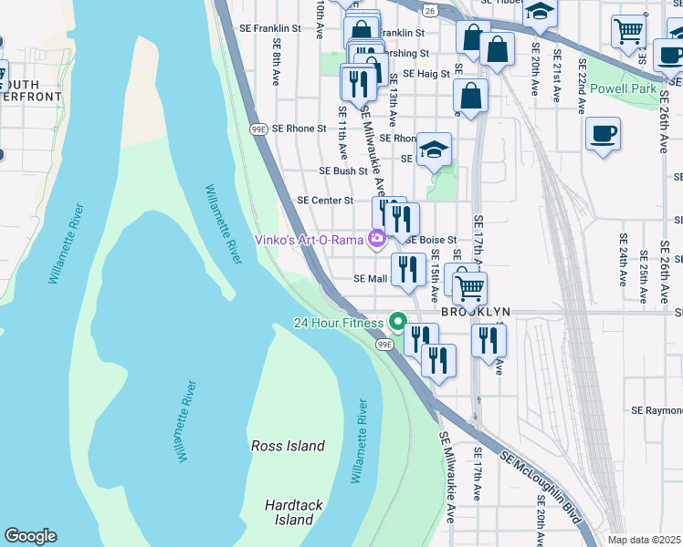 map of restaurants, bars, coffee shops, grocery stores, and more near 1004 Southeast Cora Street in Portland