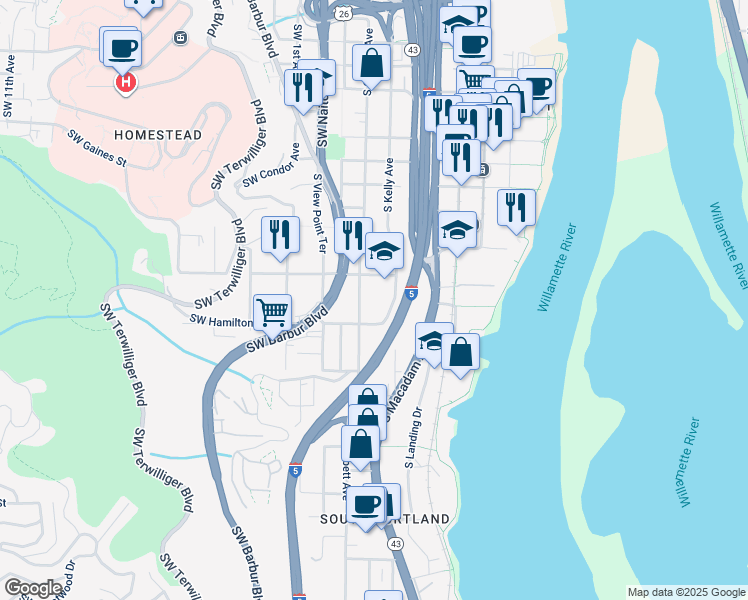map of restaurants, bars, coffee shops, grocery stores, and more near 110 Southwest Bancroft Street in Portland