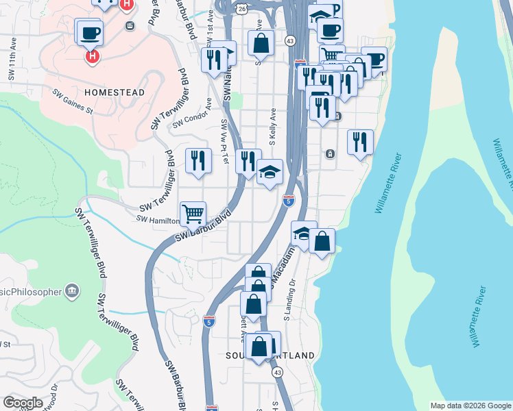 map of restaurants, bars, coffee shops, grocery stores, and more near 110 Southwest Bancroft Street in Portland