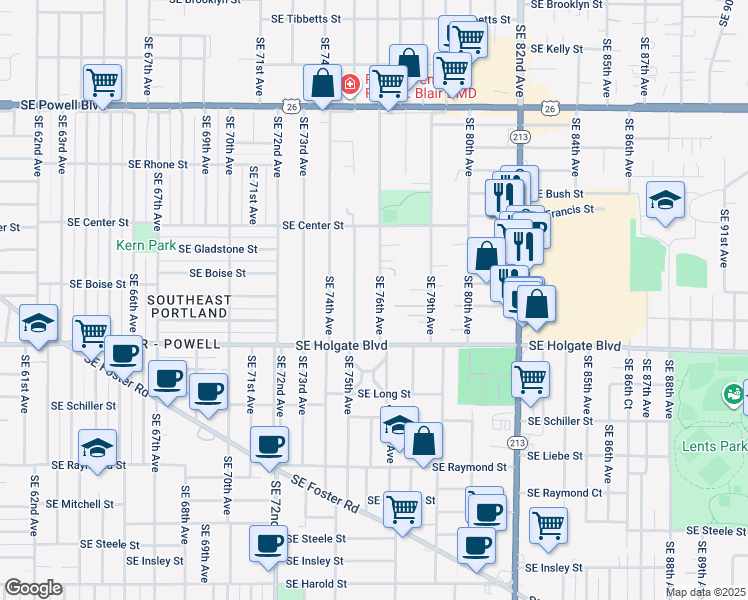 map of restaurants, bars, coffee shops, grocery stores, and more near 4303 Southeast 76th Avenue in Portland
