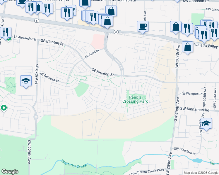map of restaurants, bars, coffee shops, grocery stores, and more near 7647 Southeast Roaring Lane in Hillsboro