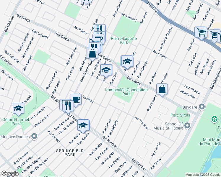 map of restaurants, bars, coffee shops, grocery stores, and more near 3735 Rue Paré in Longueuil