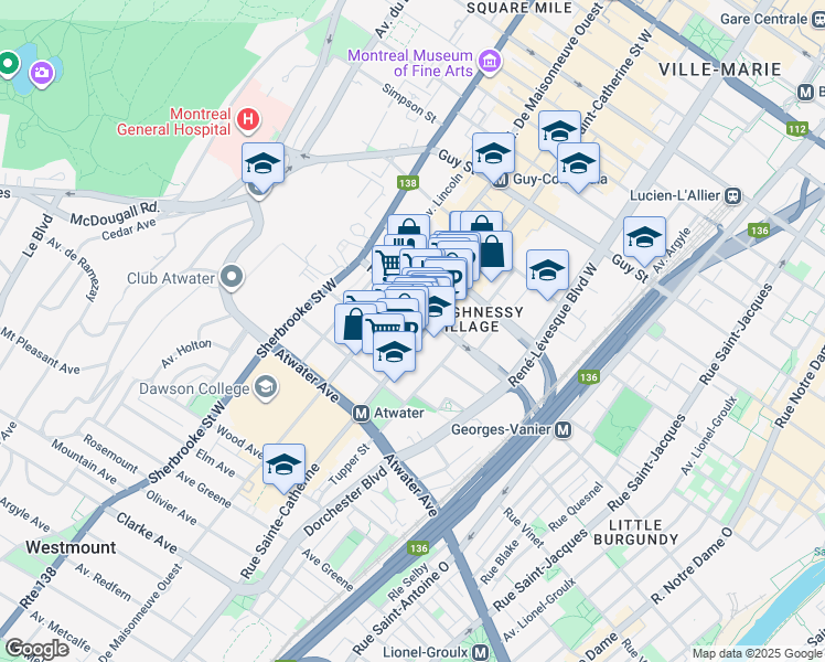 map of restaurants, bars, coffee shops, grocery stores, and more near in Montreal