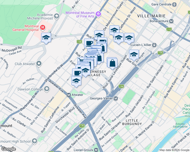 map of restaurants, bars, coffee shops, grocery stores, and more near 1944 Rue Tupper in Montréal