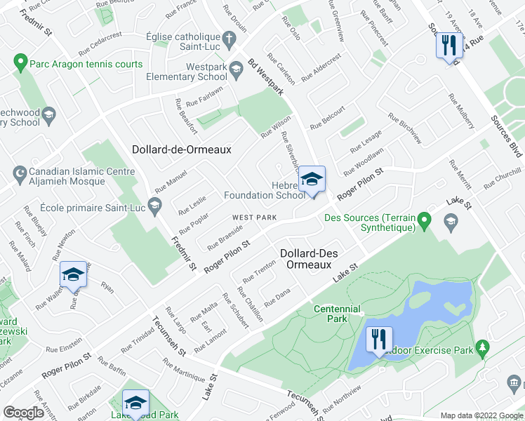 map of restaurants, bars, coffee shops, grocery stores, and more near 108 Rue Glenbrooke in Dollard-des-Ormeaux