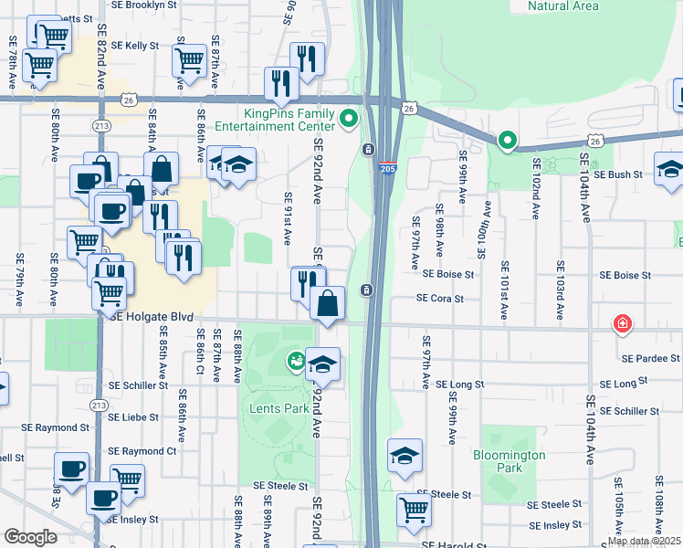 map of restaurants, bars, coffee shops, grocery stores, and more near 4201 Southeast 94th Avenue in Portland