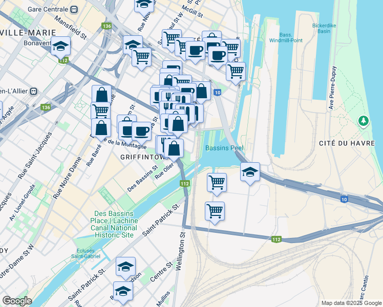 map of restaurants, bars, coffee shops, grocery stores, and more near 100 Rue Murray in Montréal