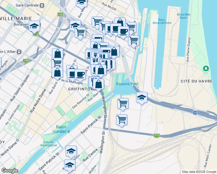 map of restaurants, bars, coffee shops, grocery stores, and more near 100 Rue Murray in Montréal