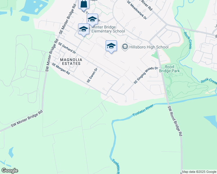 map of restaurants, bars, coffee shops, grocery stores, and more near 2050 Southeast Larson Court in Hillsboro