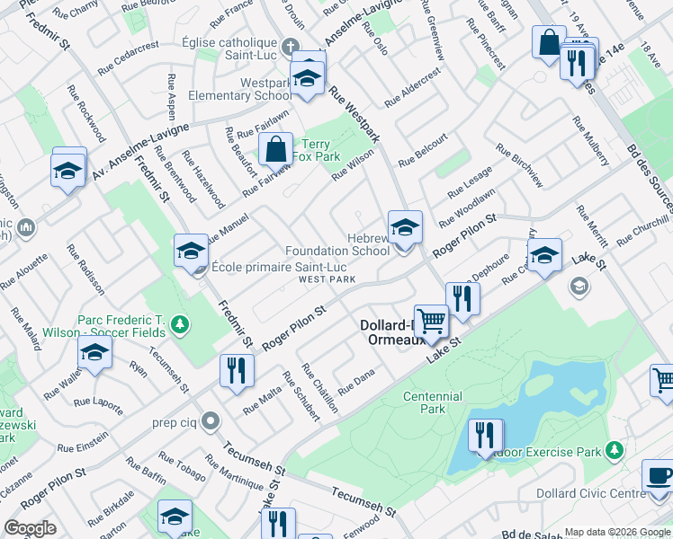 map of restaurants, bars, coffee shops, grocery stores, and more near 108 Rue Glenbrooke in Dollard-des-Ormeaux