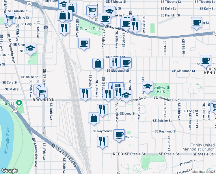 map of restaurants, bars, coffee shops, grocery stores, and more near 4321 Southeast 27th Avenue in Portland