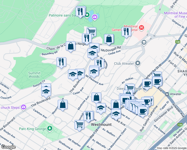 map of restaurants, bars, coffee shops, grocery stores, and more near 3218 Avenue Cedar in Westmount