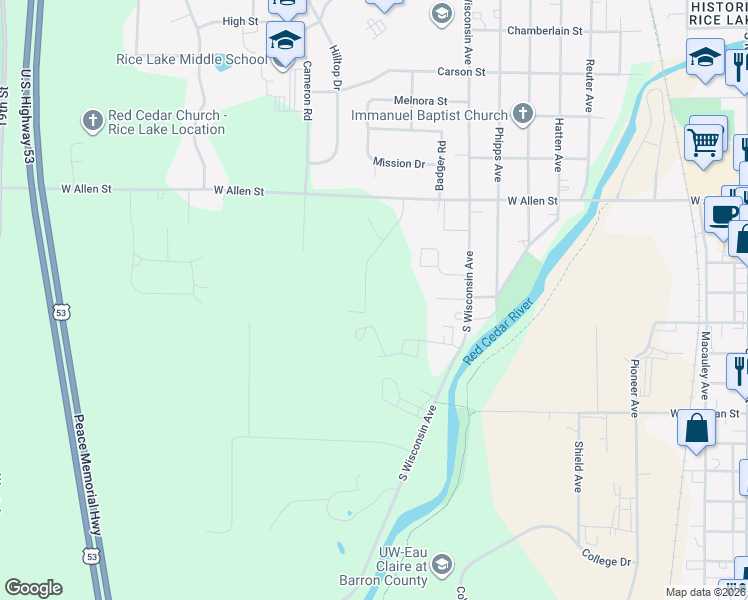 map of restaurants, bars, coffee shops, grocery stores, and more near 745 Diamond Lane in Rice Lake