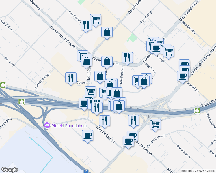 map of restaurants, bars, coffee shops, grocery stores, and more near 4475 Rue Garand in Montréal