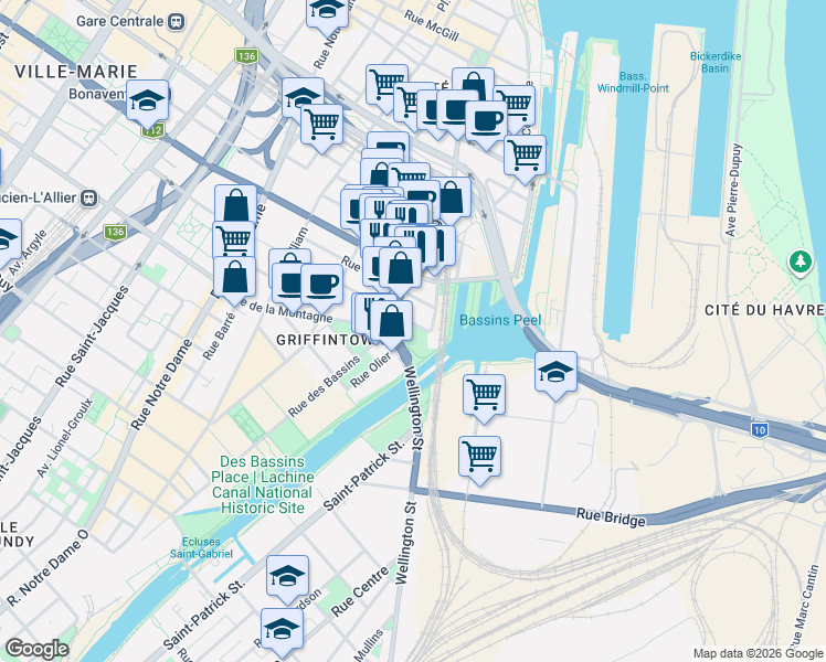 map of restaurants, bars, coffee shops, grocery stores, and more near 100 Rue Murray in Montréal