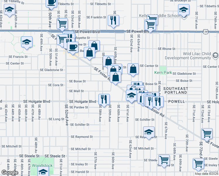 map of restaurants, bars, coffee shops, grocery stores, and more near 4305 Southeast 59th Avenue in Portland