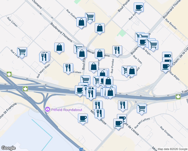 map of restaurants, bars, coffee shops, grocery stores, and more near 4488 Rue Garand in Montréal