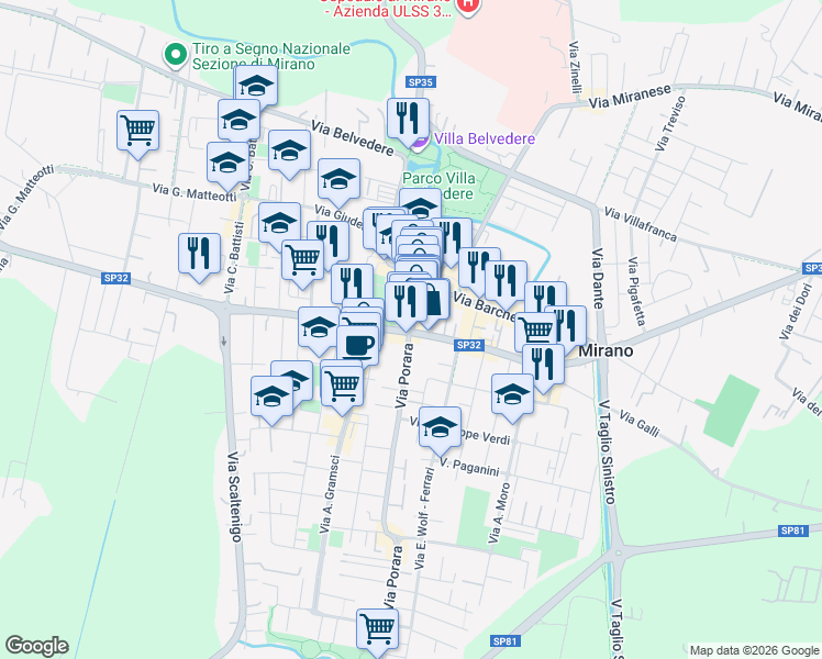 map of restaurants, bars, coffee shops, grocery stores, and more near Viale Rimembranze in Mirano