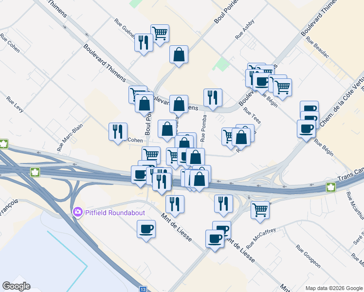 map of restaurants, bars, coffee shops, grocery stores, and more near 4475 Rue Garand in Montréal