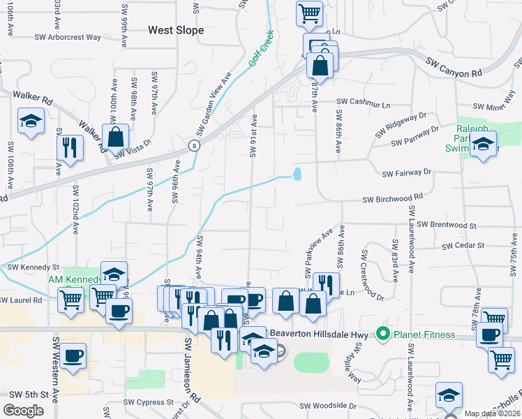 map of restaurants, bars, coffee shops, grocery stores, and more near 9095 Southwest Howatt Street in Portland