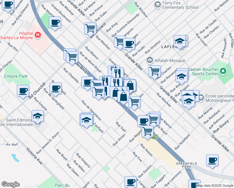 map of restaurants, bars, coffee shops, grocery stores, and more near 3495 Boulevard Taschereau in Brossard