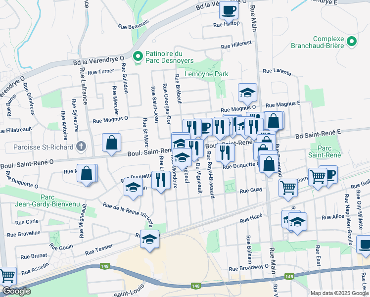 map of restaurants, bars, coffee shops, grocery stores, and more near Rue Brébeuf in Gatineau