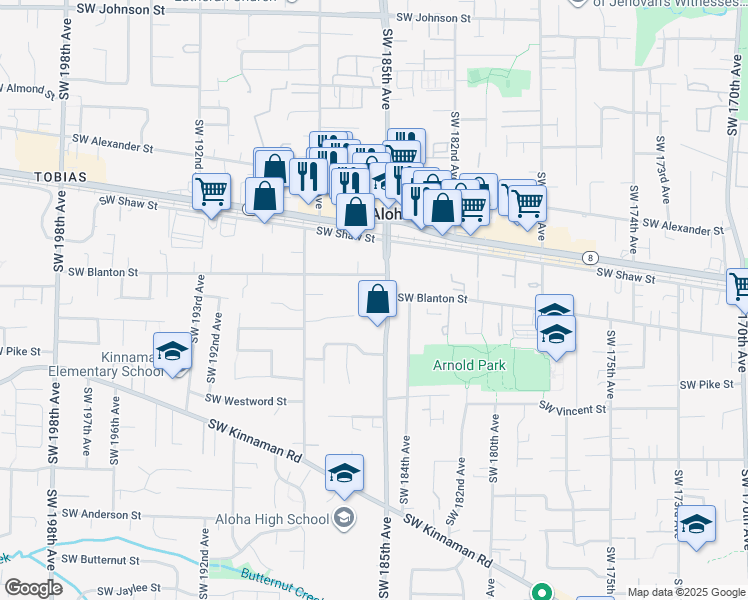 map of restaurants, bars, coffee shops, grocery stores, and more near 3855 Southwest 185th Avenue in Beaverton