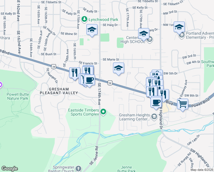 map of restaurants, bars, coffee shops, grocery stores, and more near 17446 Southeast Powell Boulevard in Portland
