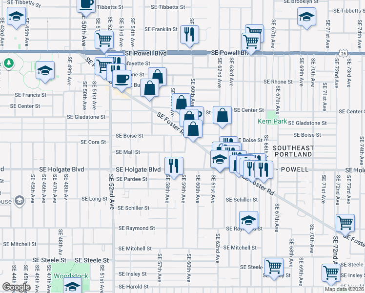 map of restaurants, bars, coffee shops, grocery stores, and more near 4305 Southeast 59th Avenue in Portland