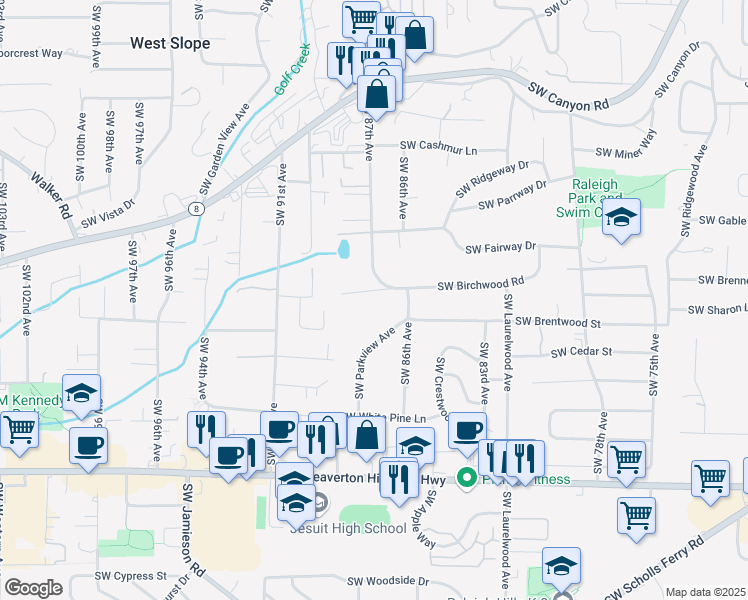 map of restaurants, bars, coffee shops, grocery stores, and more near 8740 Southwest Birchwood Road in Portland