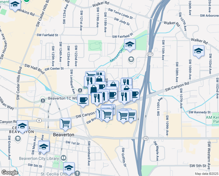 map of restaurants, bars, coffee shops, grocery stores, and more near 3840 Southwest 117th Avenue in Beaverton