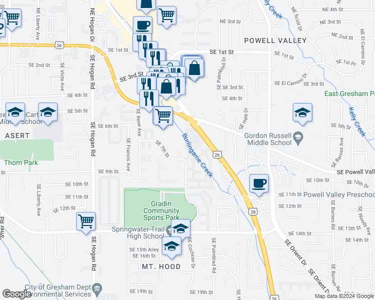 map of restaurants, bars, coffee shops, grocery stores, and more near 758 Southeast Lambert Circle in Gresham