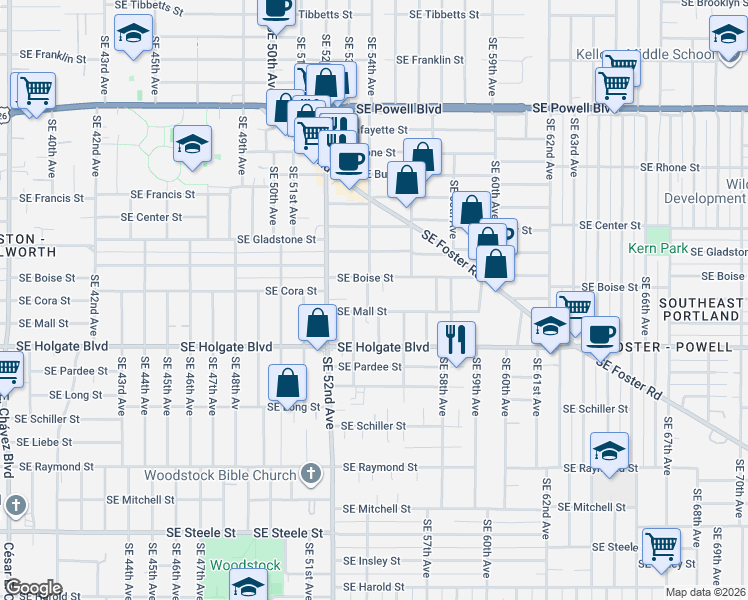 map of restaurants, bars, coffee shops, grocery stores, and more near 4214 Southeast 54th Avenue in Portland