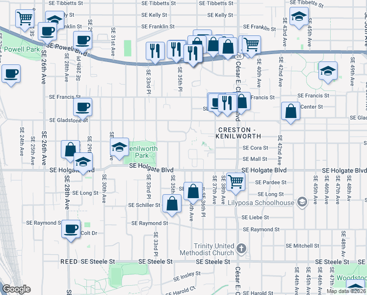 map of restaurants, bars, coffee shops, grocery stores, and more near 3423 Southeast Cora Drive in Portland