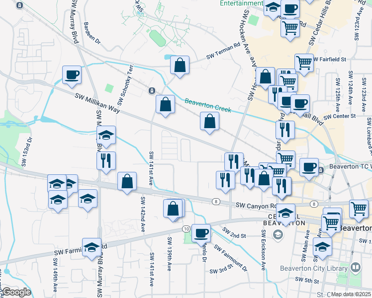 map of restaurants, bars, coffee shops, grocery stores, and more near 13795 Southwest Electric Street in Beaverton