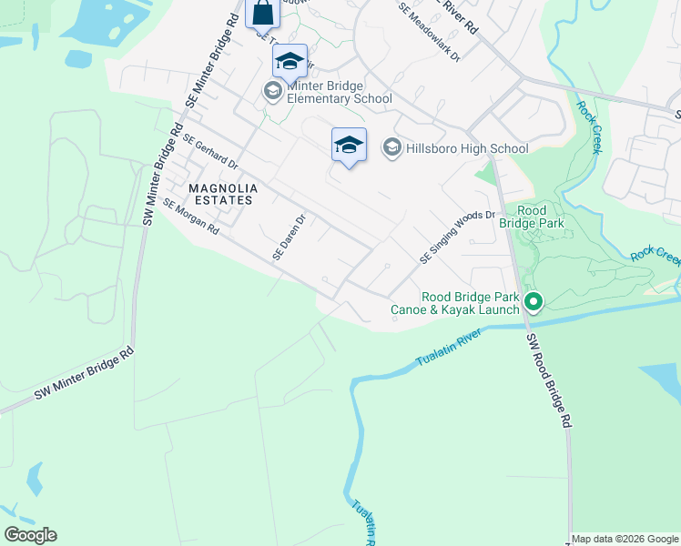 map of restaurants, bars, coffee shops, grocery stores, and more near 2050 Southeast Larson Court in Hillsboro