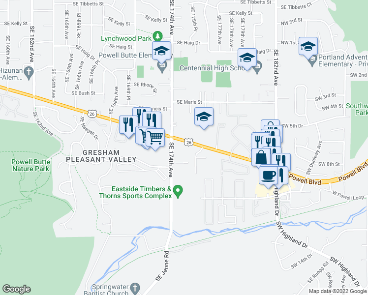 map of restaurants, bars, coffee shops, grocery stores, and more near 17432 Southeast Powell Boulevard in Portland