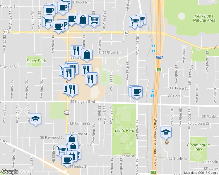 map of restaurants, bars, coffee shops, grocery stores, and more near 4223 Southeast 88th Avenue in Portland