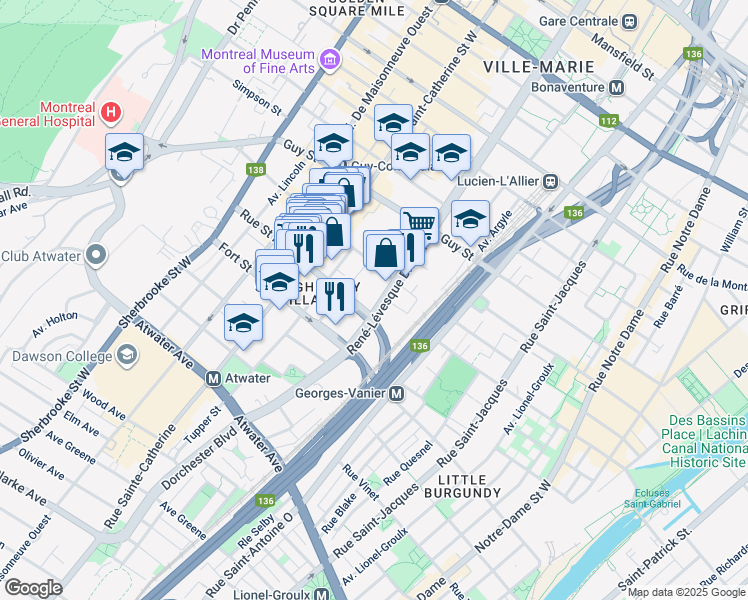 map of restaurants, bars, coffee shops, grocery stores, and more near 1855 Boulevard René-Lévesque Ouest in Montréal