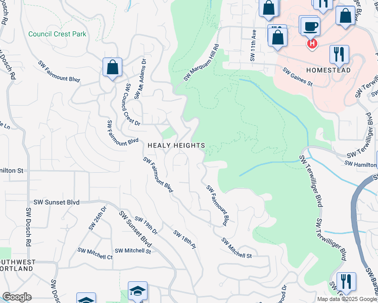 map of restaurants, bars, coffee shops, grocery stores, and more near 4404 Southwest Council Crest Drive in Portland